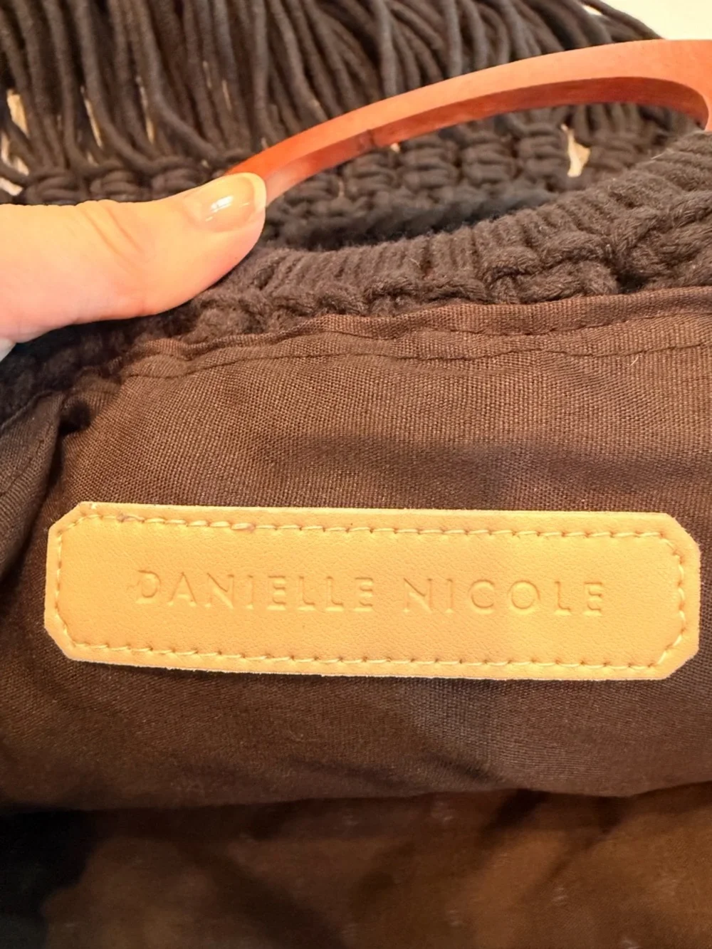 Danielle Nicole Black Macramé Fringe Bag Crossbody with Wooden Handles - Picture 7 of 10